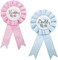 2 Pieces Daddy and Mommy To Be Tinplate Badge Pin, Celebration Gender Reveal Party Favor New Dad Mom Gifts Rosette Buttons with Ribbon Baby Shower Decorations (Pink + Blue)